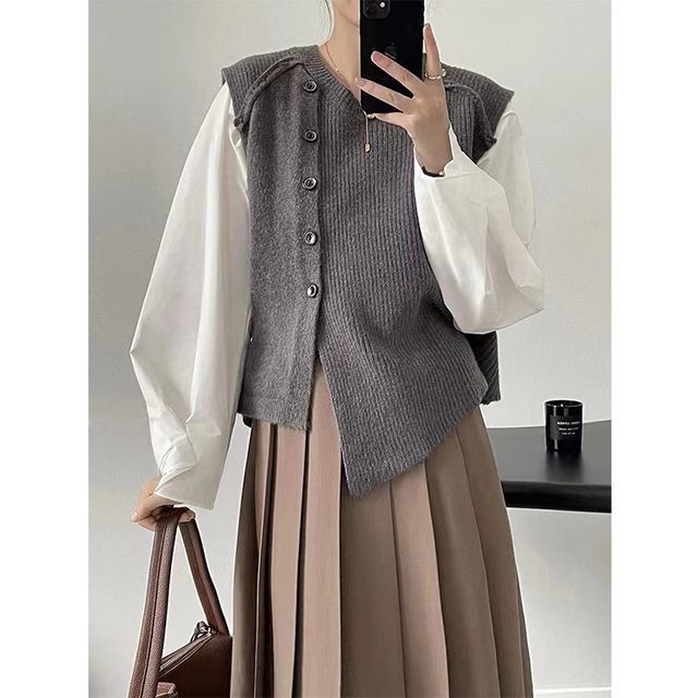 Button-Up Sweater Vest Crew Asymmetrical Neck Plain Hem