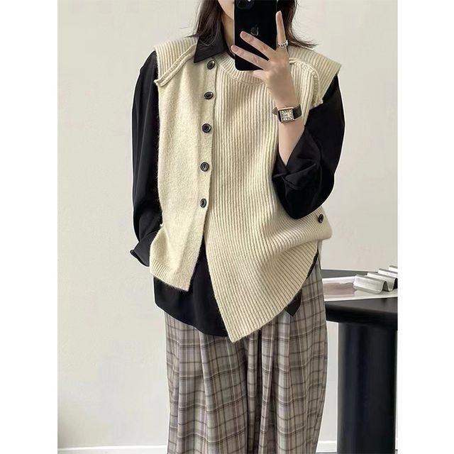 Button-Up Sweater Vest Crew Asymmetrical Neck Plain Hem
