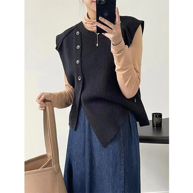 Button-Up Sweater Vest Crew Asymmetrical Neck Plain Hem