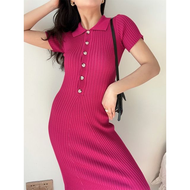 Plain Dress Sheath Knit Short-Sleeve Midi Polo