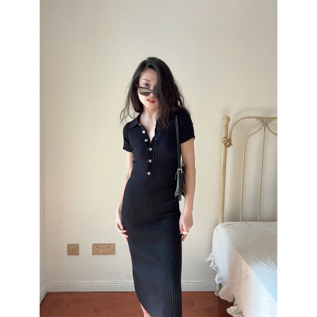 Plain Dress Sheath Knit Short-Sleeve Midi Polo