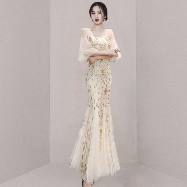 Mermaid Mesh Gown Short-Sleeve Evening Print Panel