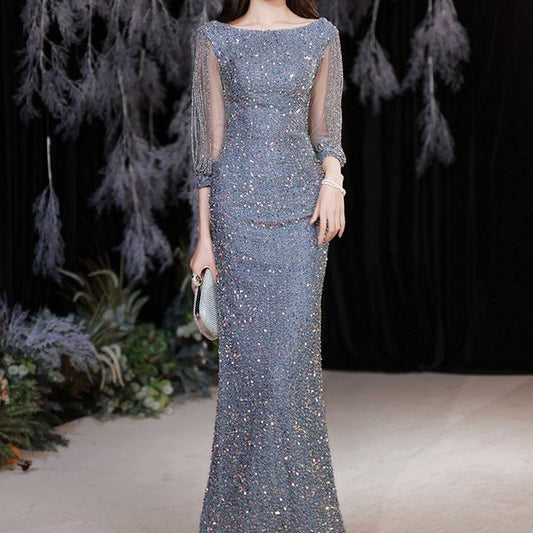 Puff-Sleeve Rhinestone Mermaid Sequined Gown Evening