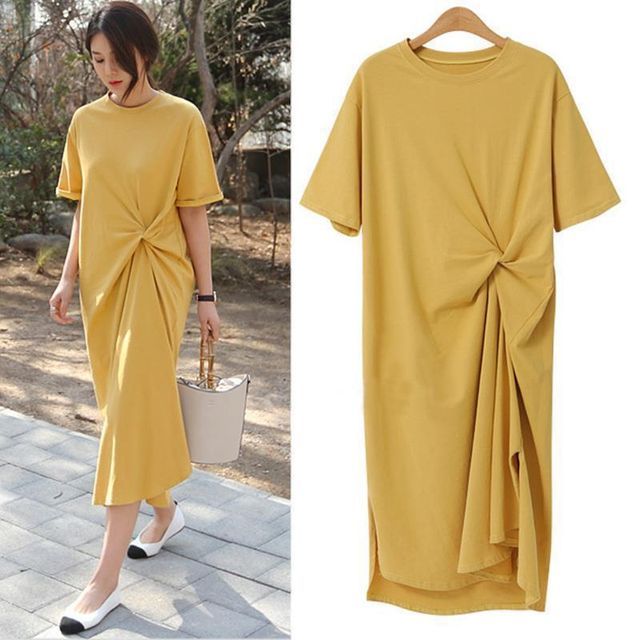 Short-Sleeve Crew Twist Midi Plain Dress T-Shirt Neck