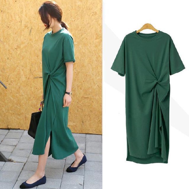 Short-Sleeve Crew Twist Midi Plain Dress T-Shirt Neck