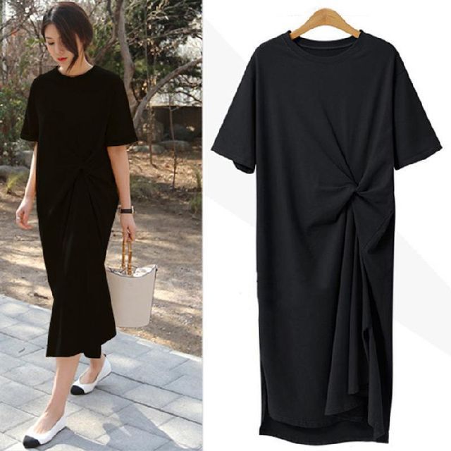 Short-Sleeve Crew Twist Midi Plain Dress T-Shirt Neck