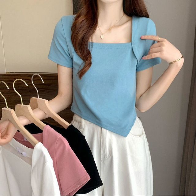 Square Short-Sleeve T-Shirt Irregular Neck Cropped