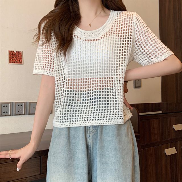 Top Knit Short-Sleeve Perforated