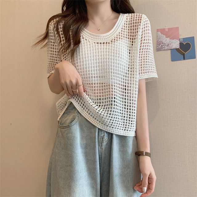 Top Knit Short-Sleeve Perforated