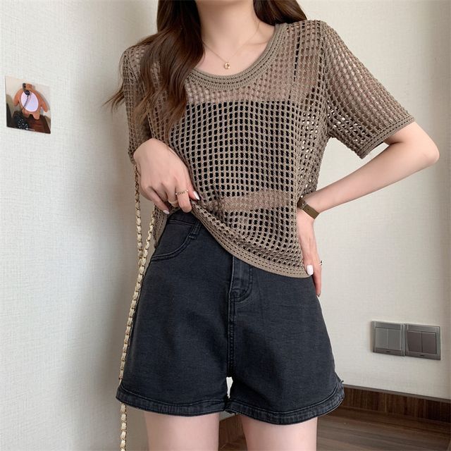 Top Knit Short-Sleeve Perforated