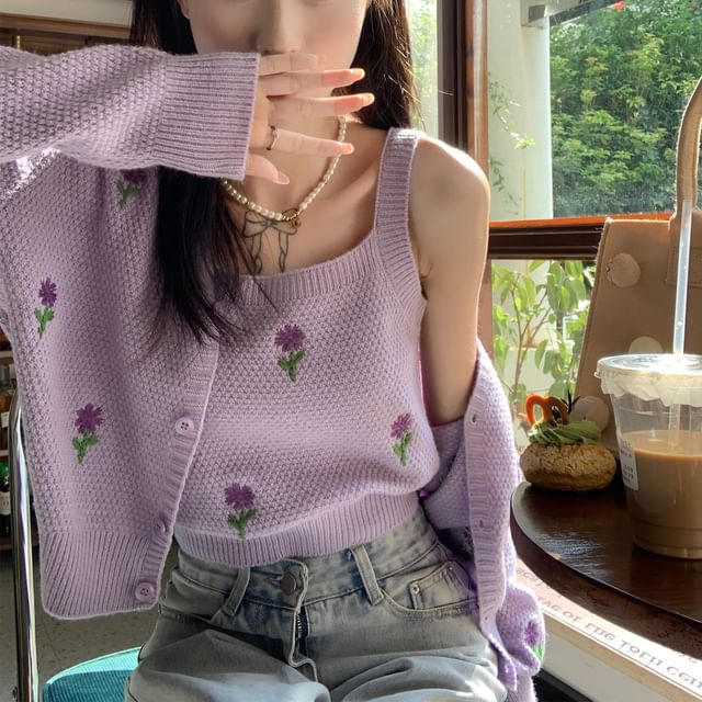 Floral Knit Set: Tank + Embroidered Neck Top Square Cardigan Crop