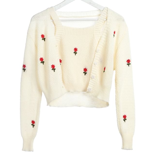 Floral Knit Set: Tank + Embroidered Neck Top Square Cardigan Crop