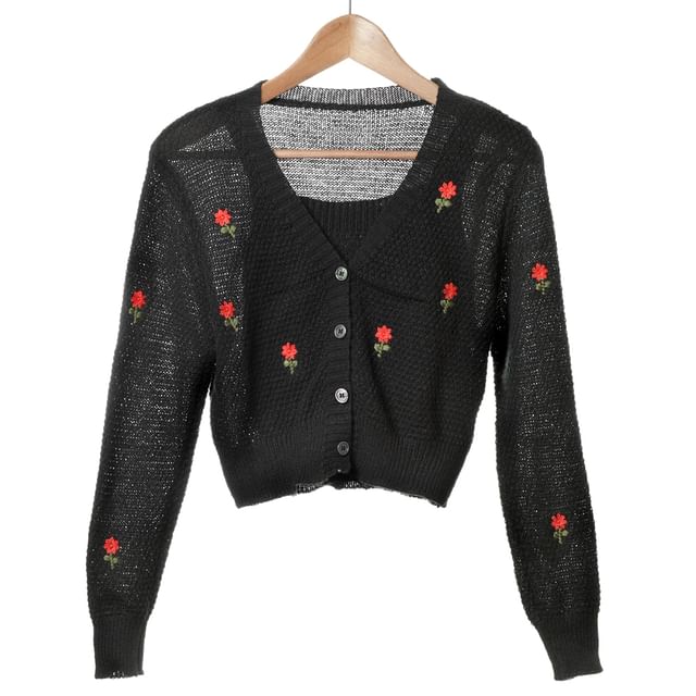 Floral Knit Set: Tank + Embroidered Neck Top Square Cardigan Crop