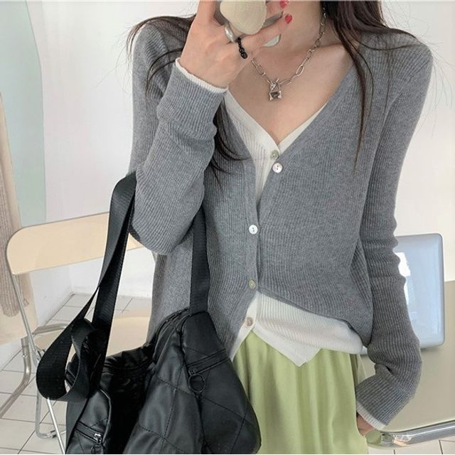 Two-Piece Mock Button-Up Knit V-Neck Two Top Tone Long-Sleeve