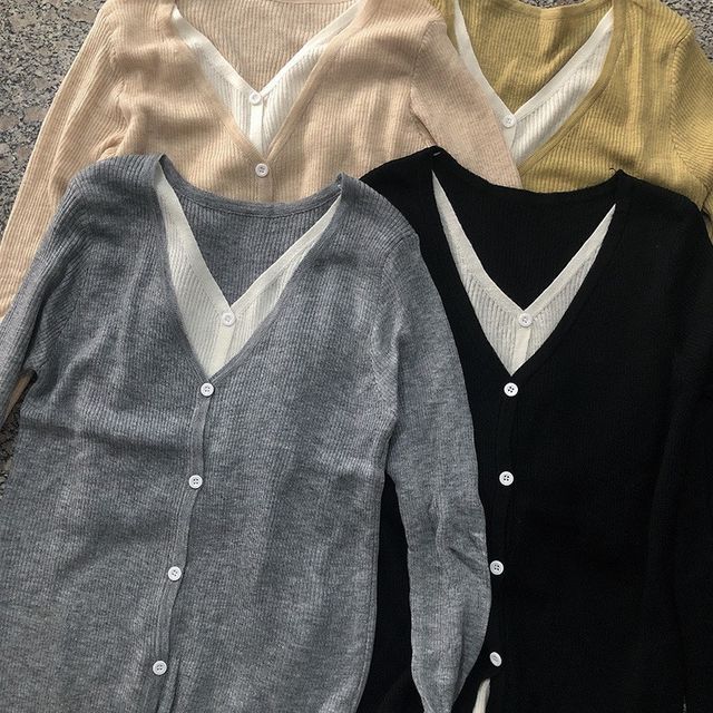 Two-Piece Mock Button-Up Knit V-Neck Two Top Tone Long-Sleeve