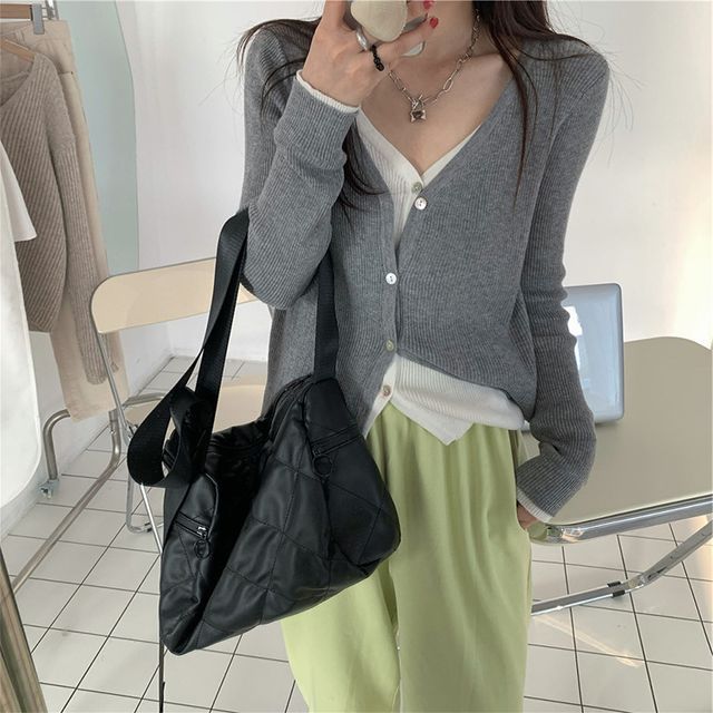 Two-Piece Mock Button-Up Knit V-Neck Two Top Tone Long-Sleeve