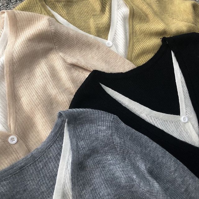 Two-Piece Mock Button-Up Knit V-Neck Two Top Tone Long-Sleeve