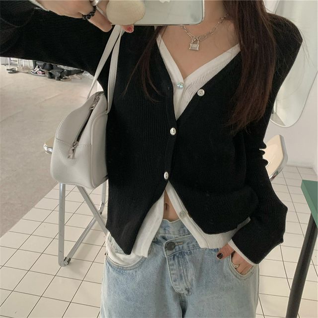 Two-Piece Mock Button-Up Knit V-Neck Two Top Tone Long-Sleeve