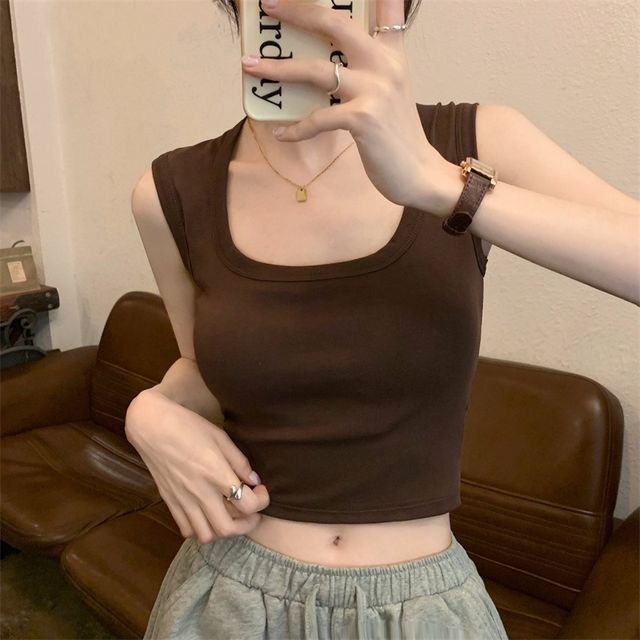 Square Tank Crop Neck Plain Top