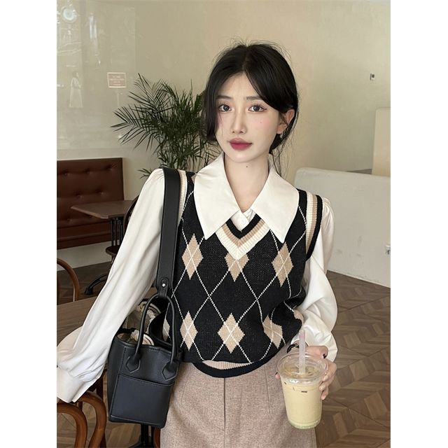 Puff-Sleeve / Vest Sweater Shirt Argyle V-Neck Plain