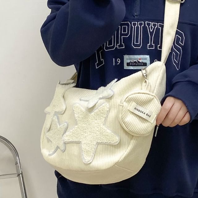 (Various Zipper Star Crossbody Designs) Purse Corduroy Coin Applique Pouch With