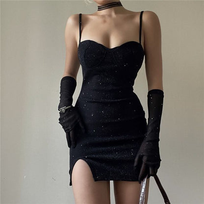 Bodycon Mini Long Strap Dress Spaghetti Gloves Sweetheart Neckline Set: + Rhinestone