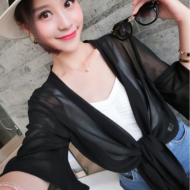Front Tie Chiffon Jacket Plain Elbow-Sleeve Crop