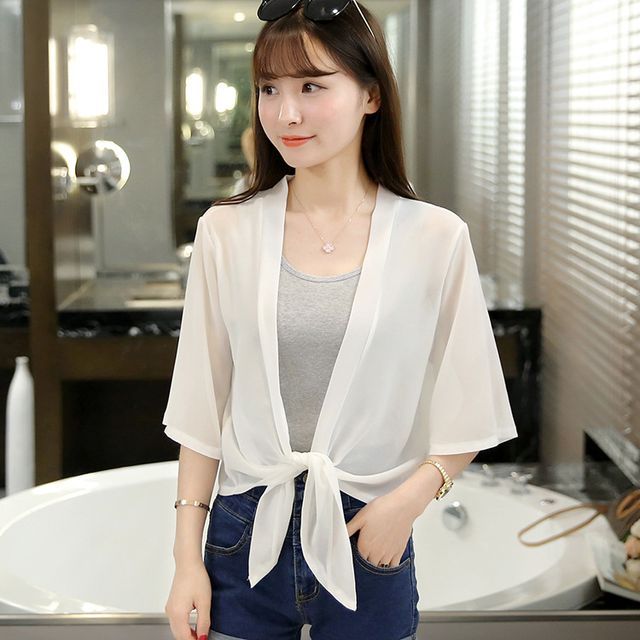 Jacket Crop Plain Tie Elbow-Sleeve Front Chiffon