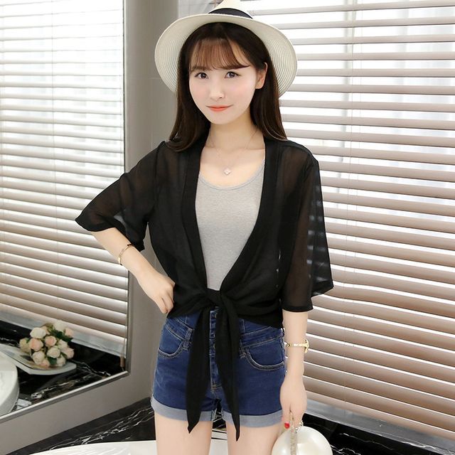 Jacket Crop Plain Tie Elbow-Sleeve Front Chiffon