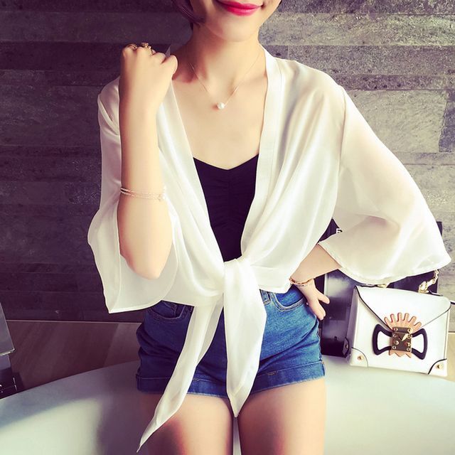 Front Tie Chiffon Jacket Plain Elbow-Sleeve Crop
