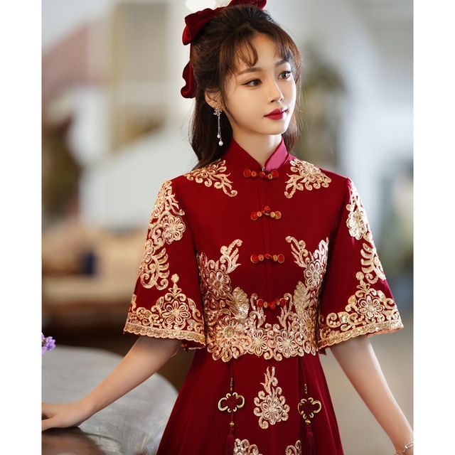 A-Line Cocktail Beaded Collar Embroidered Chinese Wedding Mandarin Fringe Midi Dress Elbow-Sleeve Gown /