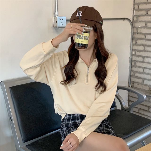 Sweatshirt Half-Zip Polo-Neck Plain Long-Sleeve