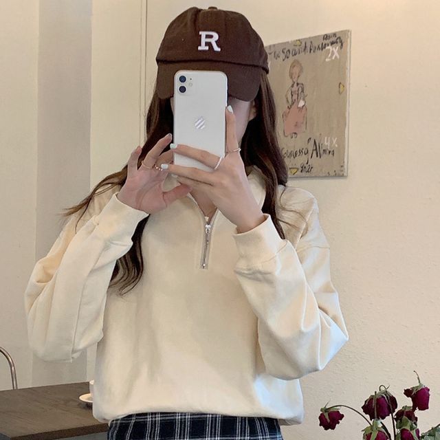 Sweatshirt Half-Zip Polo-Neck Plain Long-Sleeve