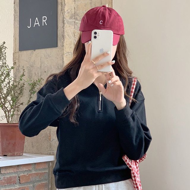 Sweatshirt Half-Zip Polo-Neck Plain Long-Sleeve