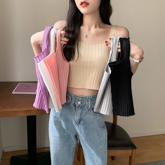 Plain Tank Knit Ribbed Neck Crop Top Square