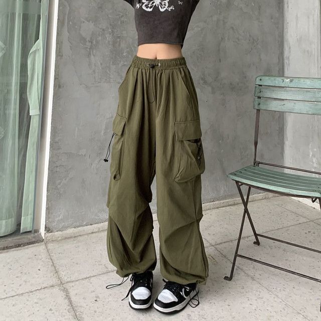 Plain Wide Pants Waist Cargo Drawstring Leg