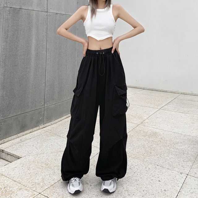 Plain Wide Pants Waist Cargo Drawstring Leg