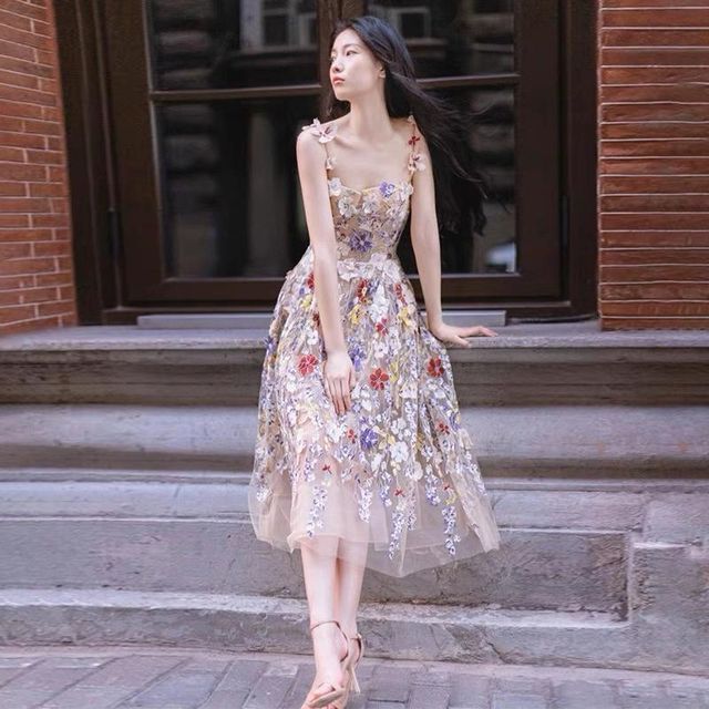 Midi Evening Dress A-Line Cocktail Mesh Strap Flower Spaghetti / Gown Accent