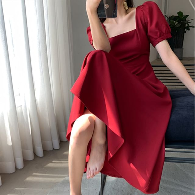 Midi Dress Short-Sleeve Square Plain Neck A-Line