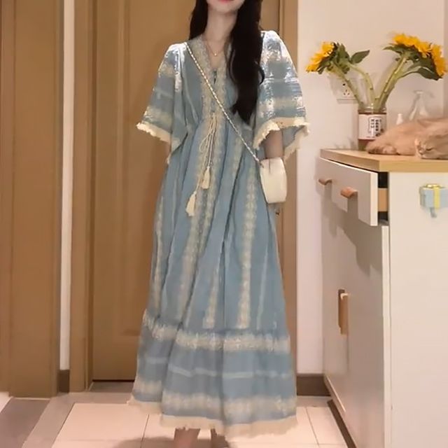 Tassel Embroidered A-Line Midi Panel Elbow-Sleeve Dress V-Neck