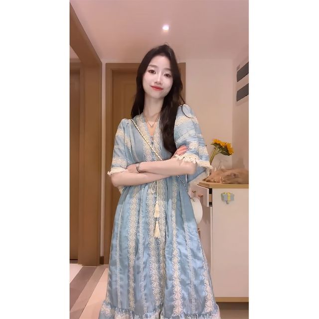 Tassel Embroidered A-Line Midi Panel Elbow-Sleeve Dress V-Neck