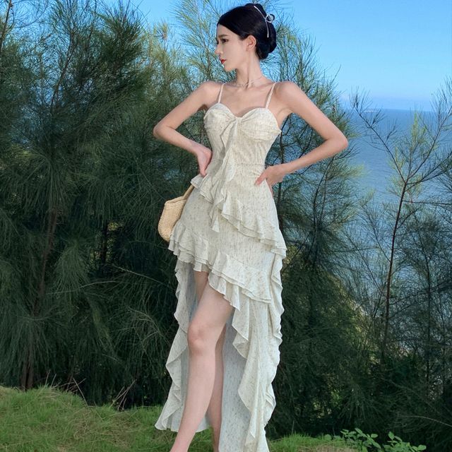 Strap Spaghetti Dress Trim Ruffle Maxi Floral A-Line