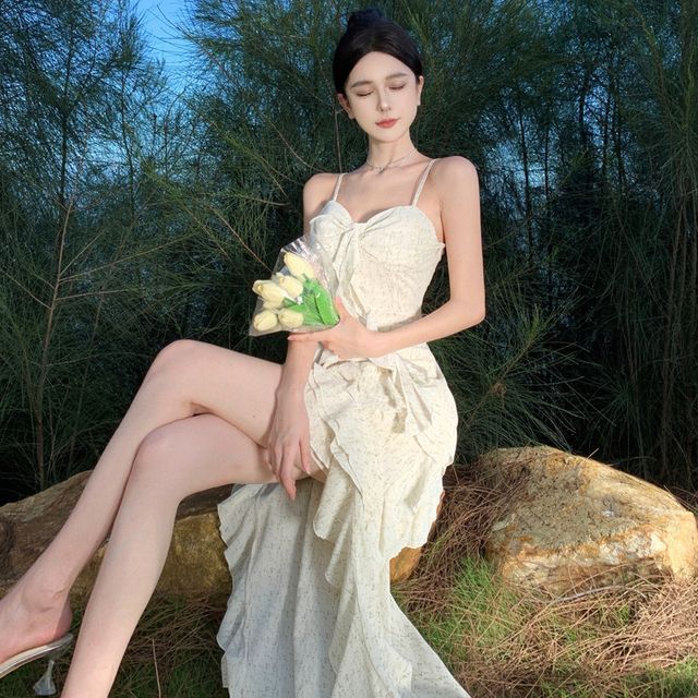 Strap Spaghetti Dress Trim Ruffle Maxi Floral A-Line