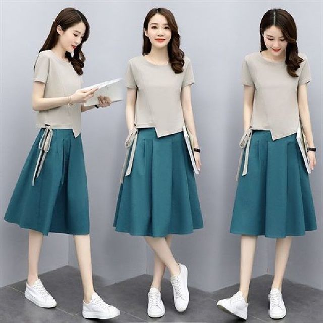 Round Neck Elastic Set: A-Line Short-Sleeve Plain + Skirt Waist T-Shirt Midi