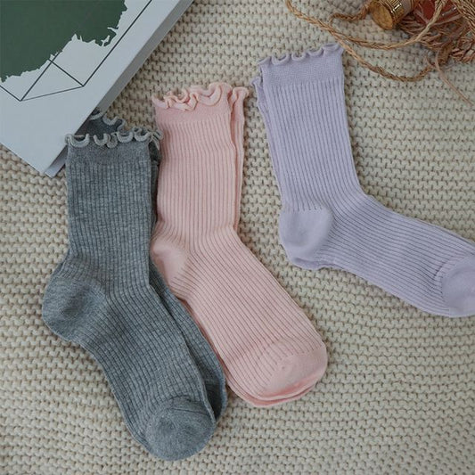 Plain Ribbed Lettuce Edge Socks / Set