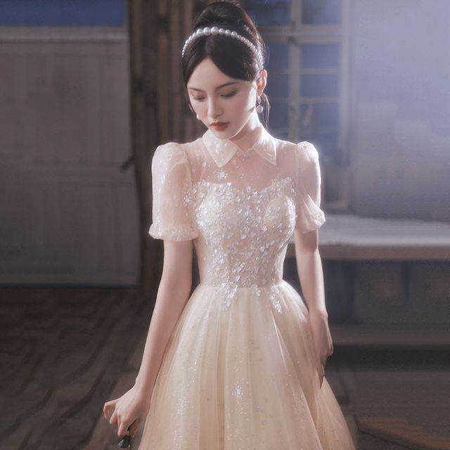 Short-Sleeve Evening / Mesh Midi A-Line Dress Gown