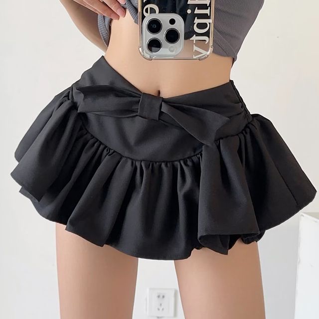 Skirt Mini Mid Plain Waist A-Line bow