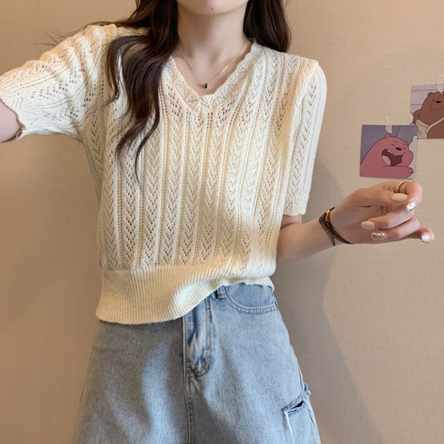 Short-Sleeve V-Neck Crochet Knit Top