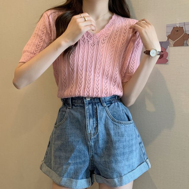 Short-Sleeve V-Neck Crochet Knit Top