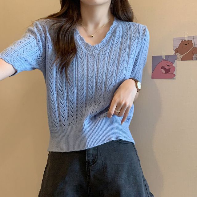 Short-Sleeve V-Neck Crochet Knit Top